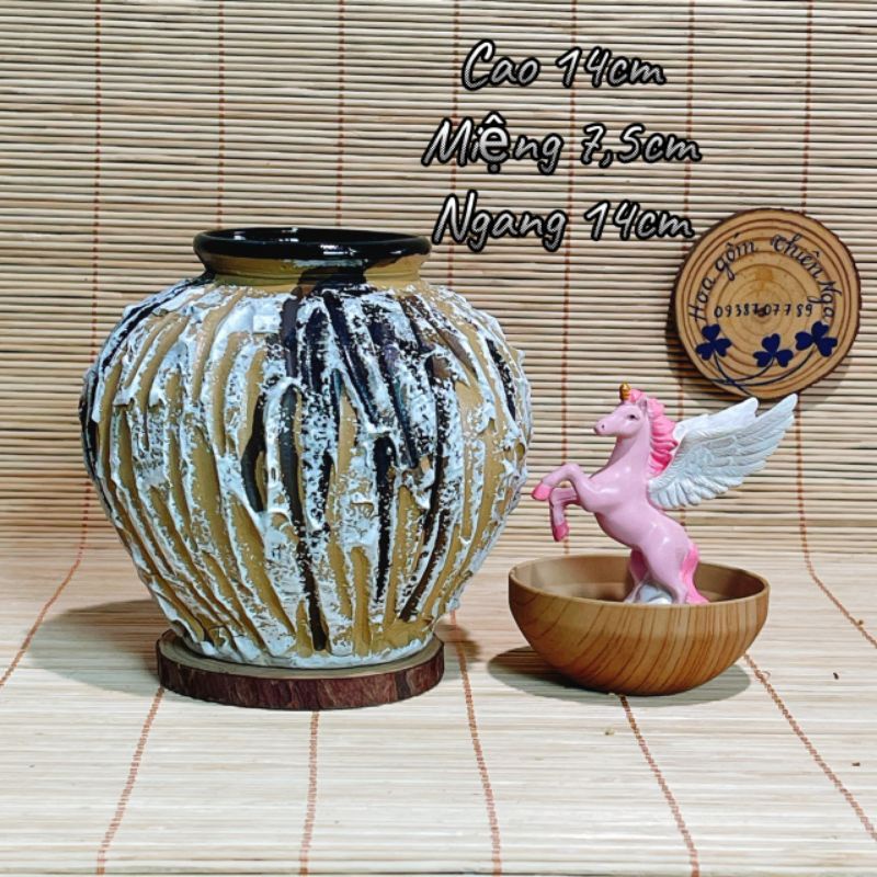Bình gốm - Bình, lọ cắm hoa, trang trí gốm men khô Bát Tràng dáng vò lựu cao 14cm
