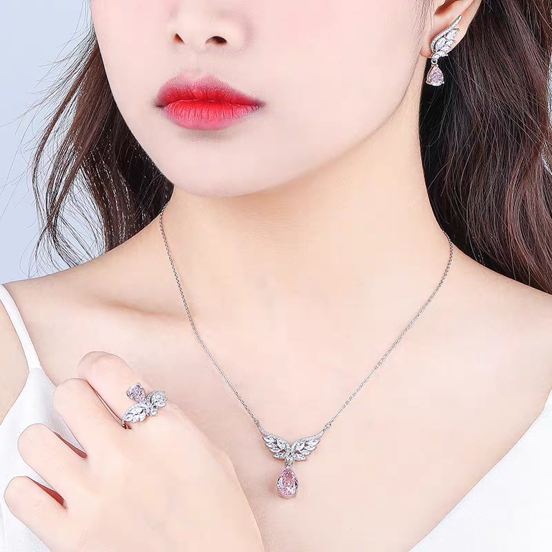 Dây chuyền bạc ý 925 pha lê cao cấp đôi cánh thiên thần mix đá hồng, vàng CECY N018