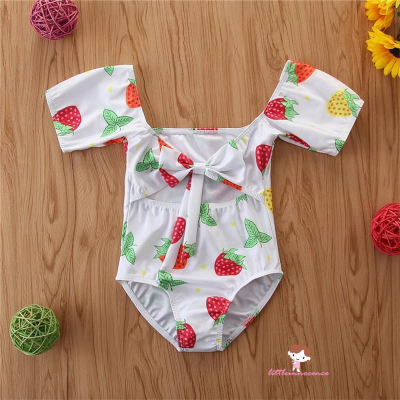 ❤XZQ-Baby Girls Strawberry Print One-Piece, Toddler Swimsuit Short-Sleeved Bowknot Hollow Out Swimwear for Water Sports