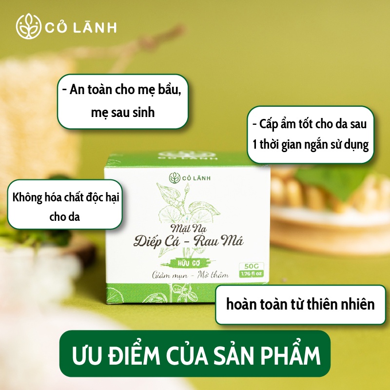 Mặt nạ giảm mụn dưỡng da diếp cá rau má Cỏ Lành 50G - Tặng kèm serum và cọ quét mặt nạ xinh xắn