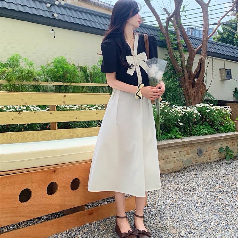 SET ÁO CROPTOP VIỀN NƠ TRẮNG + CHÂN VÁY MIDI TRẮNG