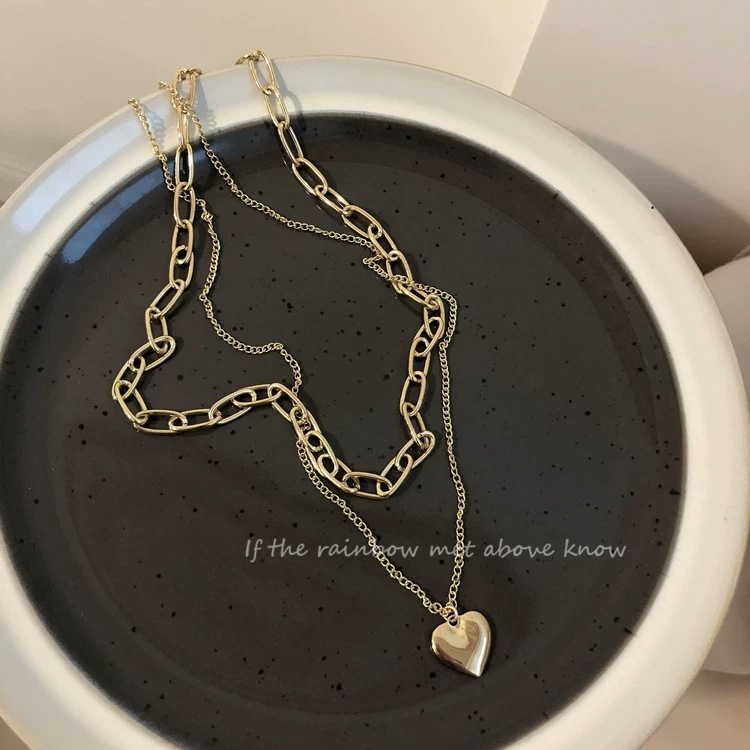 Dây chuyền thiết kế 2 lớp họa tiết trái tim / trái đào kiểu vintage bằng kim loại cho nữ