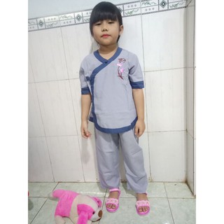 Đồ lam bé gái tim phối đồ bộ đi chùa bé tay ngắn vải mát size 4-38kg