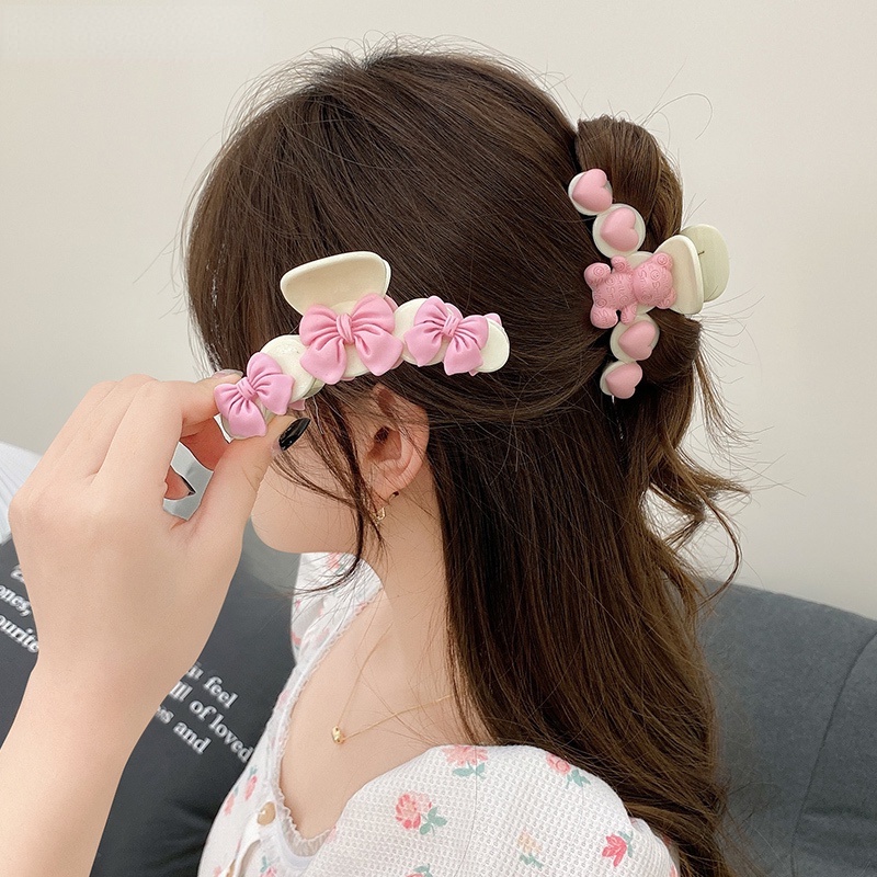 Kẹp Tóc Hình Gấu Hồng Đính Nơ Chống Trượt Dễ Thương Cho Nữ