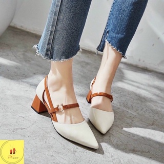 Giày cao gót mũi nhọn đế vuông 5p dây khoá ngang