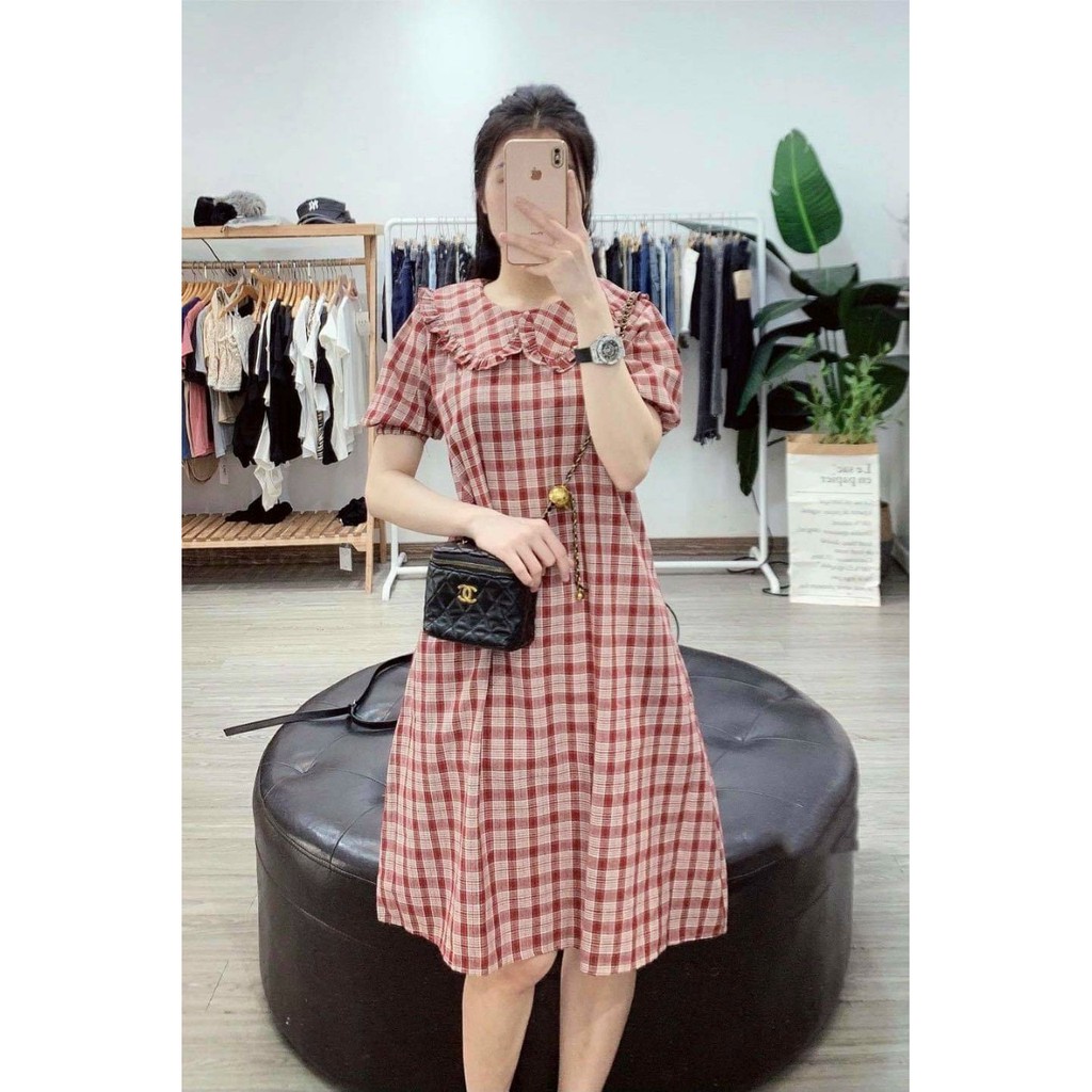 Váy bầu thời trang thiết kế kẻ caro M303 chất Cotton thô freesize từ 45 đến 70kg