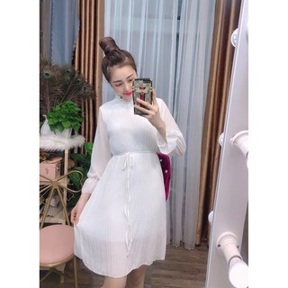 Đầm voan dập ly tiểu thư tay dài + Ảnh thật