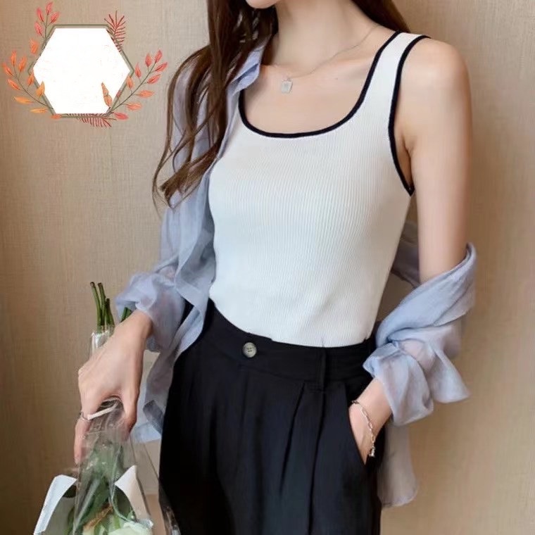 Áo Hai Dây Dệt Kim Cổ Chữ U Màu Trơn Thời Trang Mùa Hè  Cho Nữ