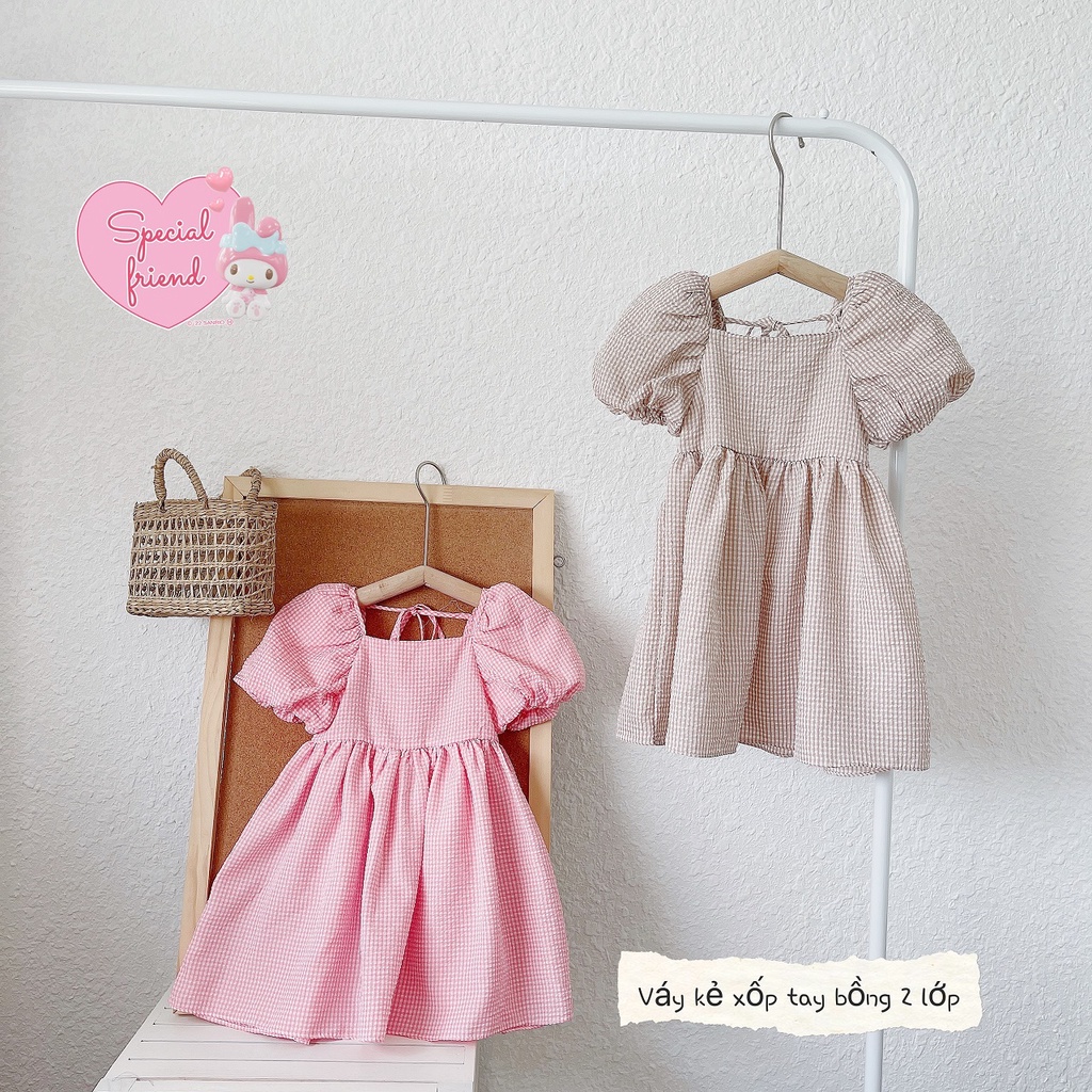 (8-27kg)-Jee kids- Váy đầm cổ vuông caro thắt nơ lưng xinh xắn cho bé yêu (ảnh thật)