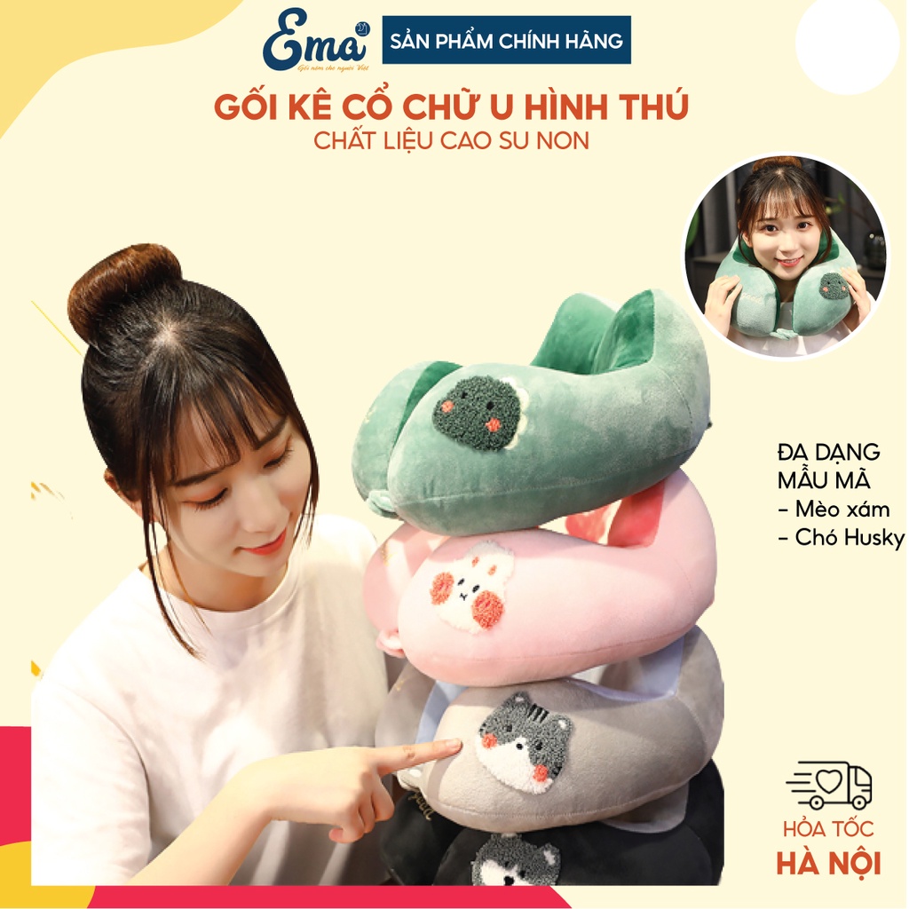 Gối kê cổ chữ U hình thú Ema, chất liệu bông PP cao cấp, vỏ nhung siêu mềm, thiết kế công thái học, giảm đau mỏi vai gáy