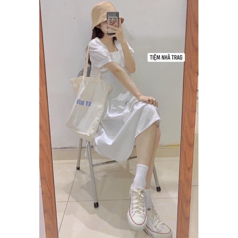 Váy Trắng Trễ Vai Tay Cộc Cổ Thuyền - Đầm Cổ Vuông Bo Chun Tay Phồng Hot Ảnh Thật | BigBuy360 - bigbuy360.vn