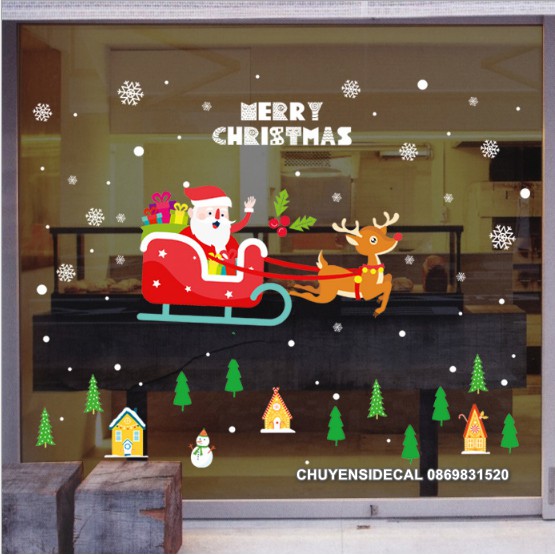 Decal Trang Trí Noel Hai Mặt Hít Tĩnh Điện Không Dơ Kính- Xe Tuần Lộc Đỏ