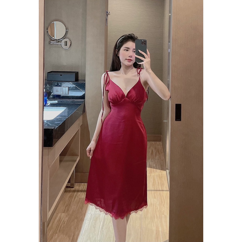 Đầm Ngủ 2 Dây Thắt Nơ Vai Sexy Chất Lụa Cực Mát Freesize