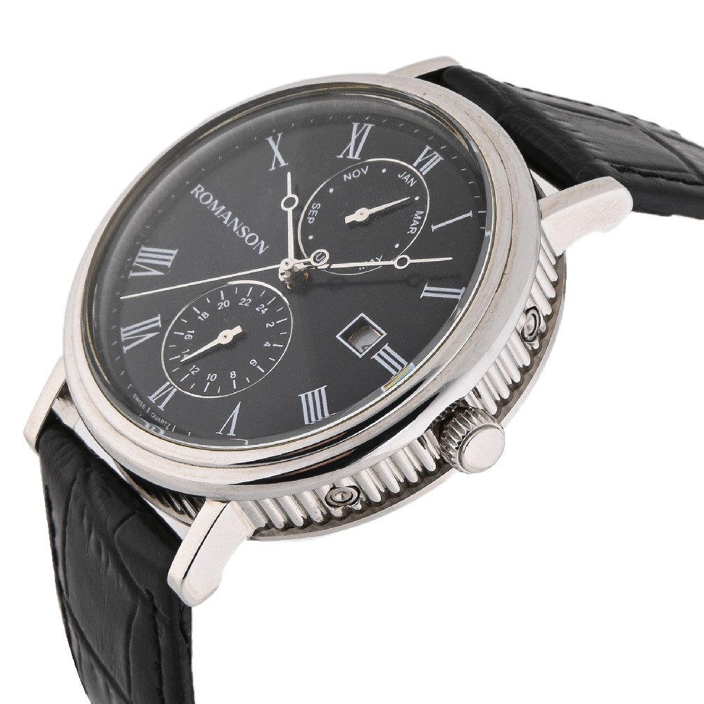 Đồng hồ Romanson Sport Men Watch TL1276BMWBK nam dây da mặt tròn kính chống xước máy Thụy Sĩ cao cấp chính hãng