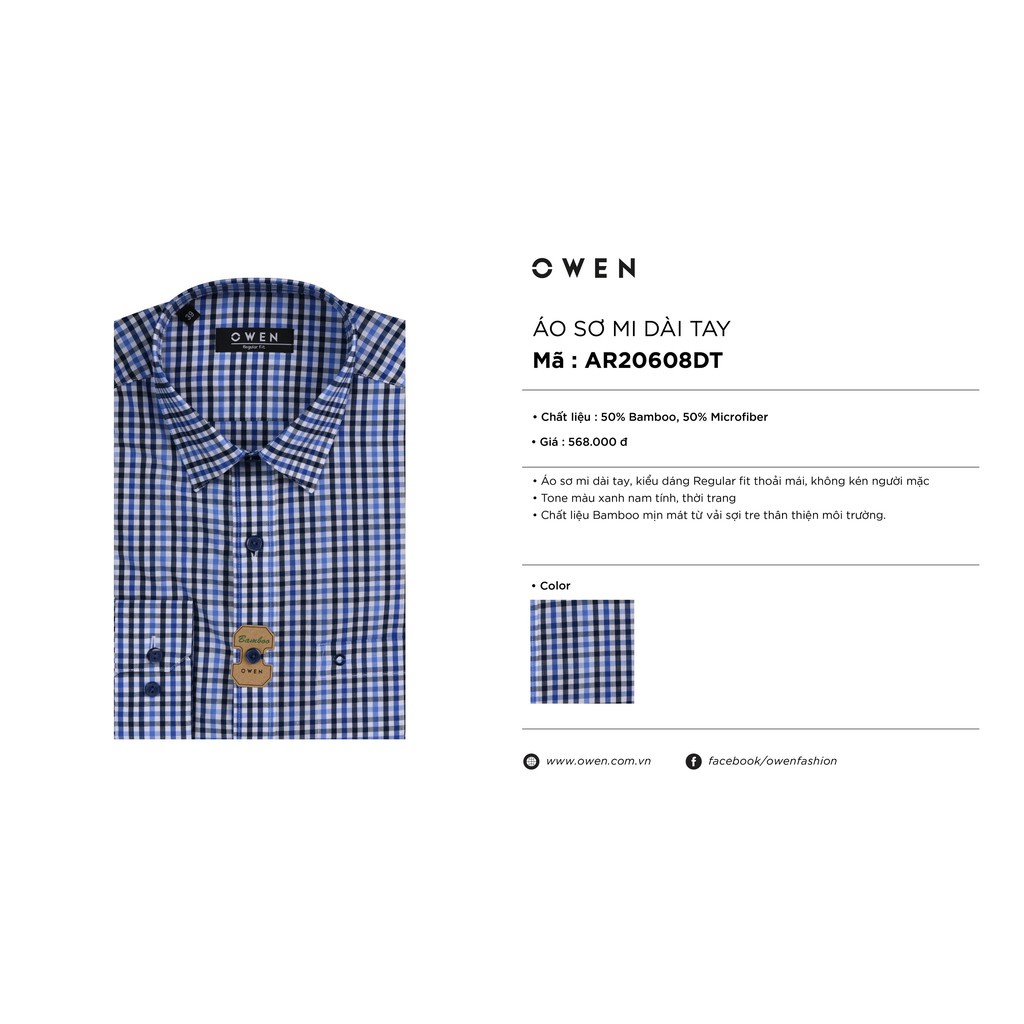 Áo sơ mi nam dài tay OWEN AR20608DT somi công sở vải sợi tre cao cấp màu kẻ caro xanh navy dáng suông tà lượn có túi