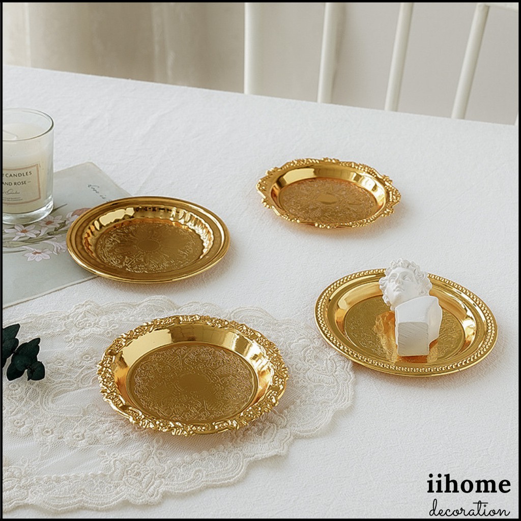 Đĩa decor, khay đựng nến decor sơn mạ vàng họa tiết vintage