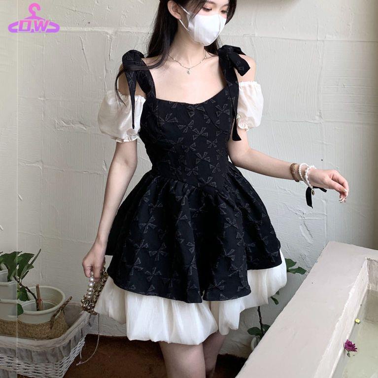 Váy babydoll Đầm Công Chúa váy xinh váy tiểu thư Trễ Vai Tay Phồng Màu Đen Thời Trang Mùa Hè Xinh Xắn Cho Nữ