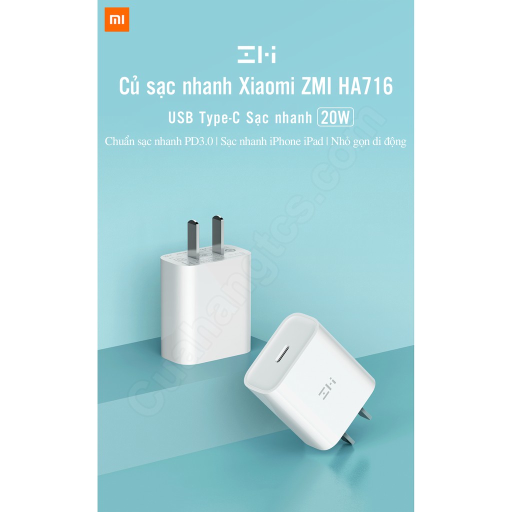 Củ sạc nhanh Xiaomi Zmi HA716 Type C 20W PD3.0 chuyên cho iphone đạt chứng nhận MFI