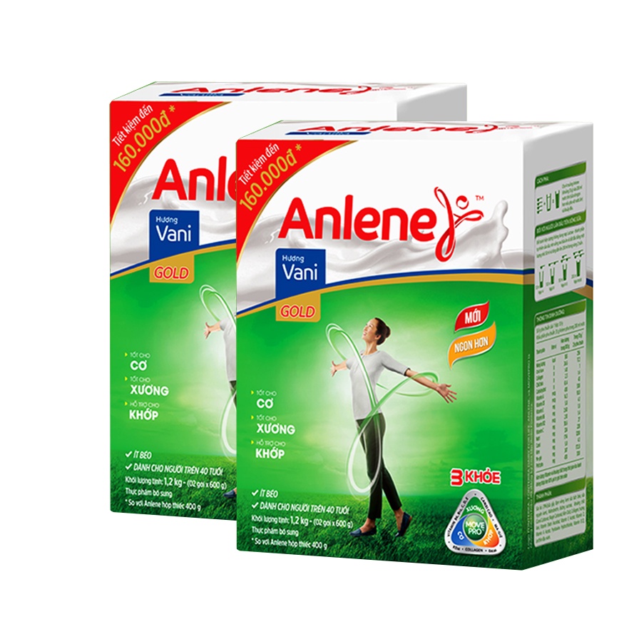 [Tặng chảo chống dính] Combo 2 hộp giấy Anlene Gold Vanilla MovePro 1.2G (BIB)