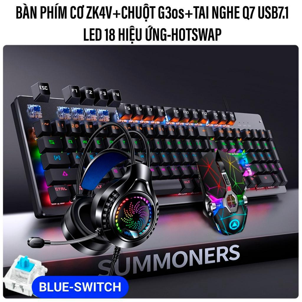 COMBO Bàn Phím Cơ Chuột Tai Nghe Có Dây YINOIAO ZZK4V+G3os+Q7 LED 18 Hiệu Ứng Hotswap Blue Black Switch Máy Tính :aptop