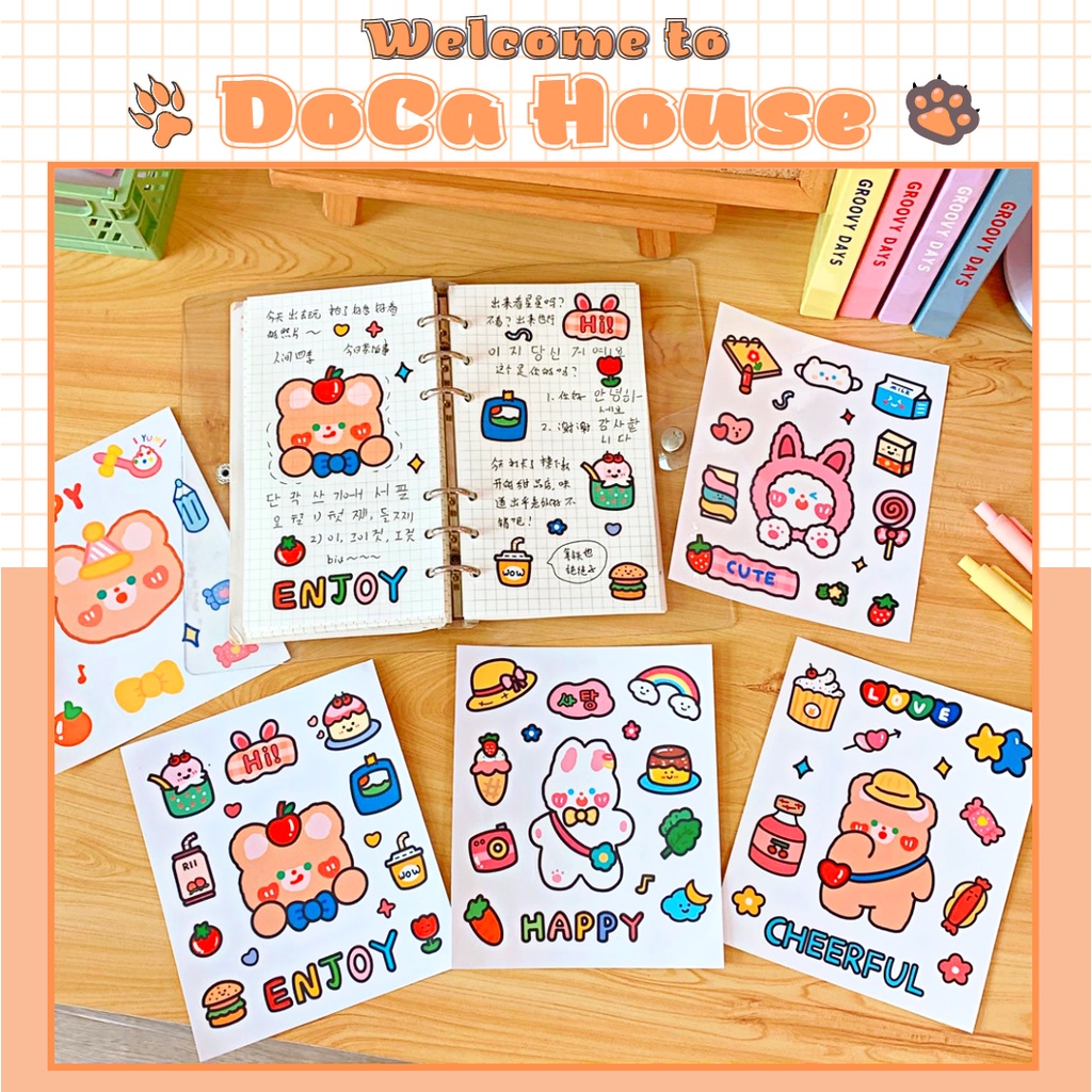 Miếng dán sticker gấu thỏ dễ thương, sticker trong suốt DOCA chống nước trang trí sách vở sổ tay, decor bàn học đồ dùng