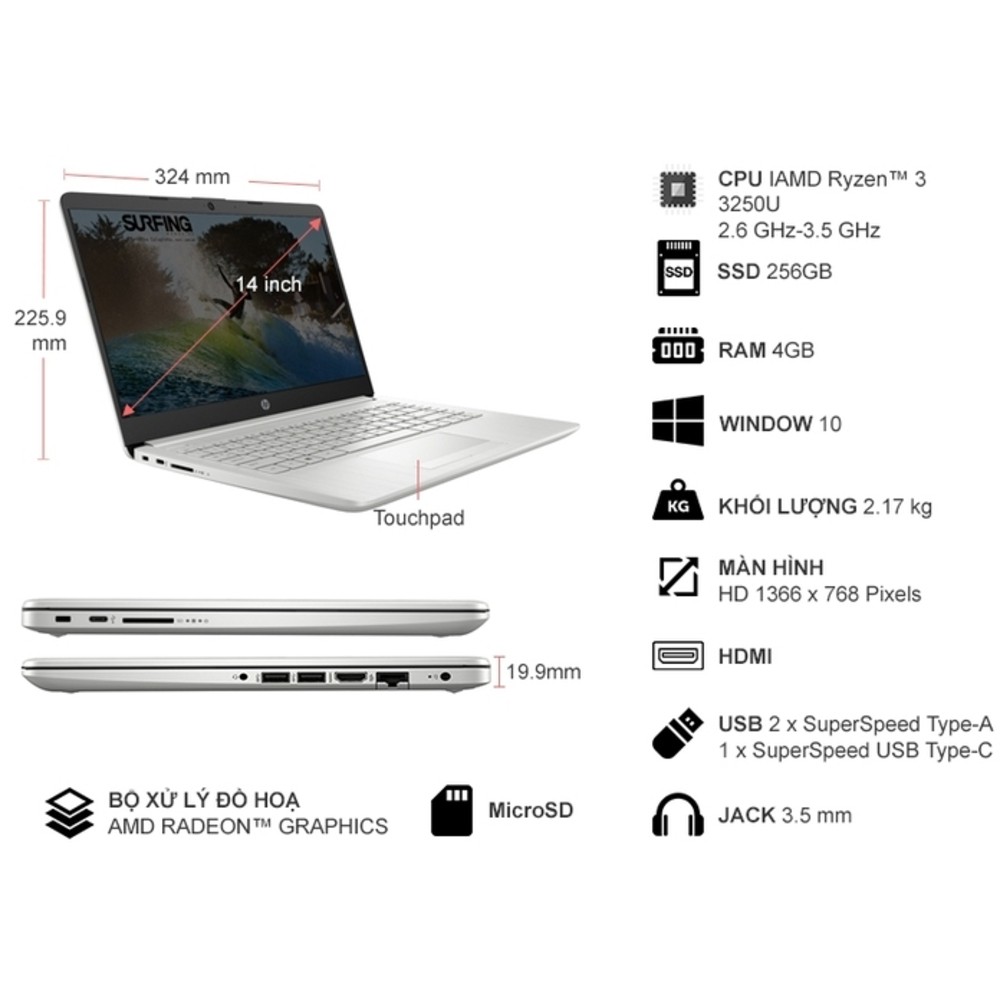 Laptop HP 14S-DK1055AU 171K9PA (Bạc) R3 3250U| 4GB| 256Gb| OB| 14"HD| WIN 10