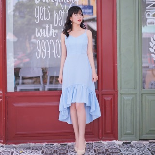 Đầm sọc xanh 2 dây đuôi cá