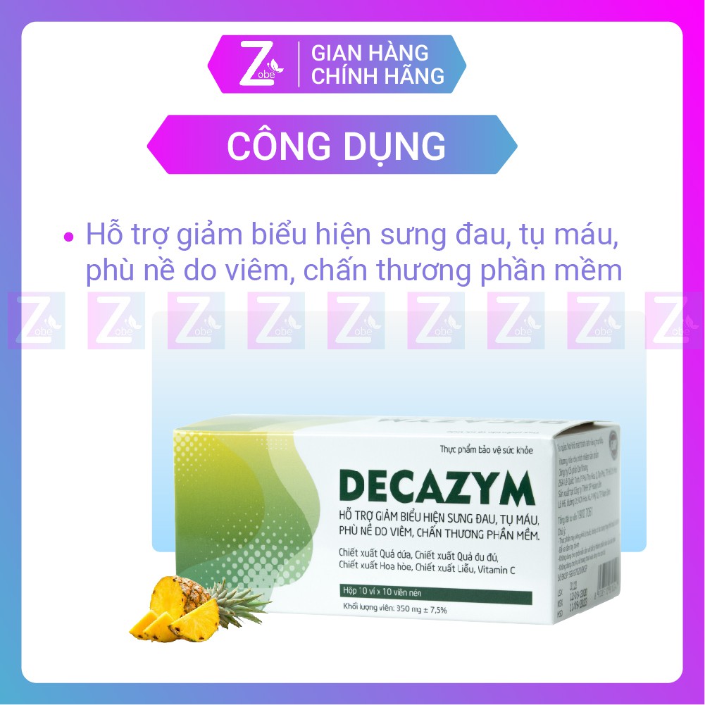 Viên Uống Hỗ Trợ Giảm Sưng Viêm Chấn Thương Phần Mềm Decazym Hộp 10 Vỉ x 10 Viên