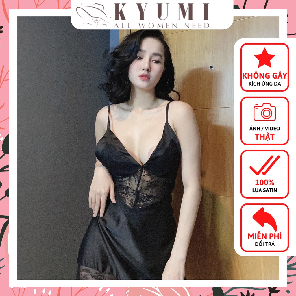Váy ngủ sexy 2 dây phối ren lai KYUMI OFFICIAL, chất liệu lụa satin kèm quần đùi cute freesize 40-65kg tùy chiều cao 005