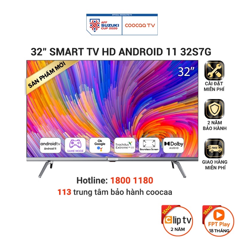 [Lưu COOC327 - 241K và ELCOO12- 5%] Smart TV HD Coocaa 32 Inch Wifi - 32S7G - Android 11 - Viền mỏng -Miễn phí lắp đặt