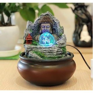 Thác nước phong thủy để bàn đức phật tọa sơn tiểu cảnh non bộ tặng kèm máy bơm và quả cầu thủy tinh