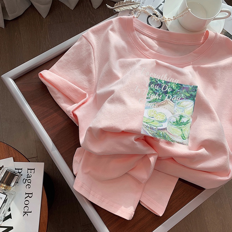 Áo thun HIIXIIVI 100% cotton tay ngắn cổ tròn in hình phong cách Hàn Quốc thời trang mùa hè 2022 cho nữ