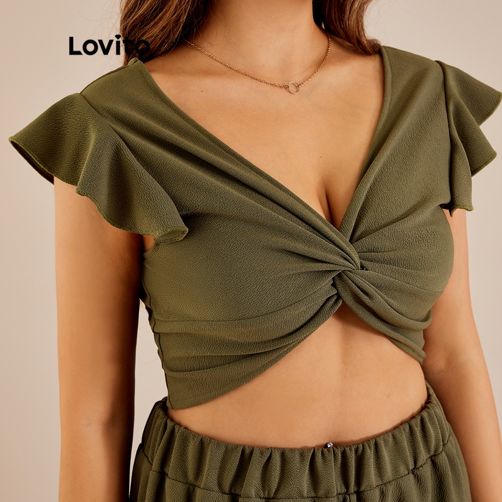 Lovito Thanh lịch Đồng bằng Twist Frill Tay áo Cao Thắt lưng Co giãn Eo Quần Chân Rộng Bộ L22LD240 (Xanh quân đội)