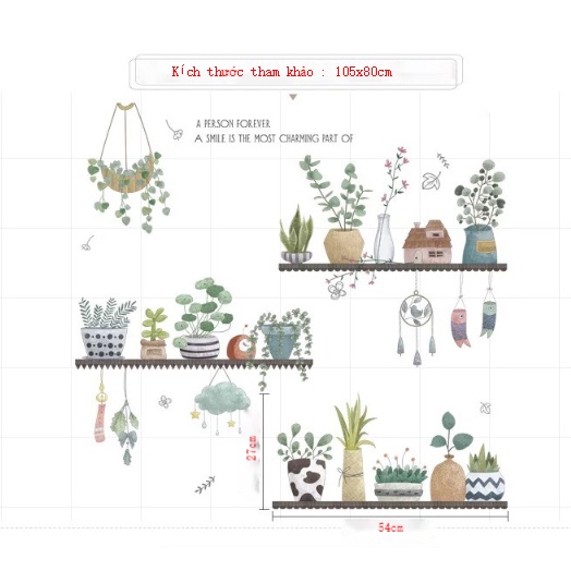 Decal trang trí tường - Những chậu cây sen đá và hoa nhỏ