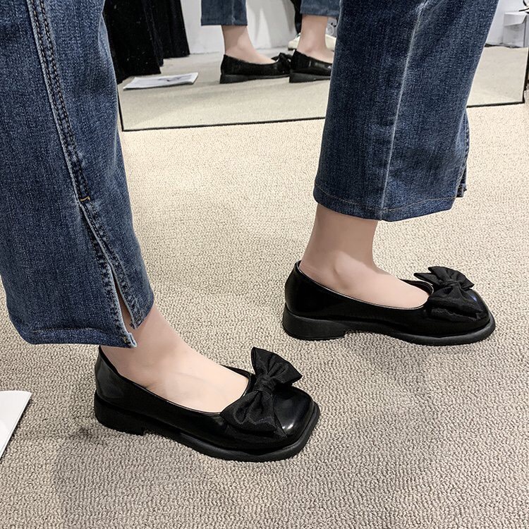 Giày búp bê nữ mũi vuông chất da mềm đính nơ lụa cực êm chân - B7
