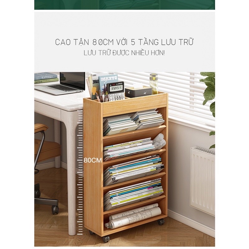 kệ gỗ đa năng 5 tầng có bánh xe để sách cạnh bàn làm việc GP189.03