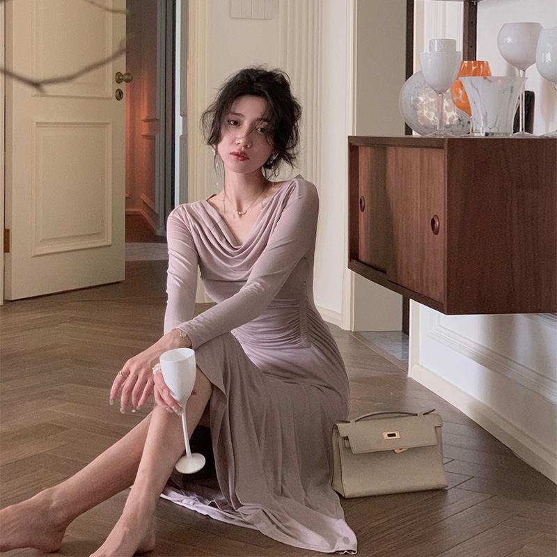 Đầm Dệt Kim Dài Tay Trễ Vai Dáng Ôm Thời Trang Mùa Thu 2022