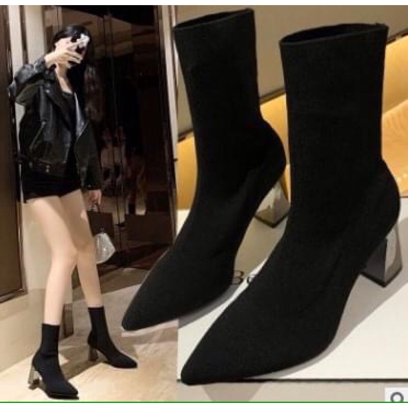 Bốt len gót tráng gương, bốt nữ đẹp đế vuông GTT37 cao 7 phân hàng quảng châu cao cấp
