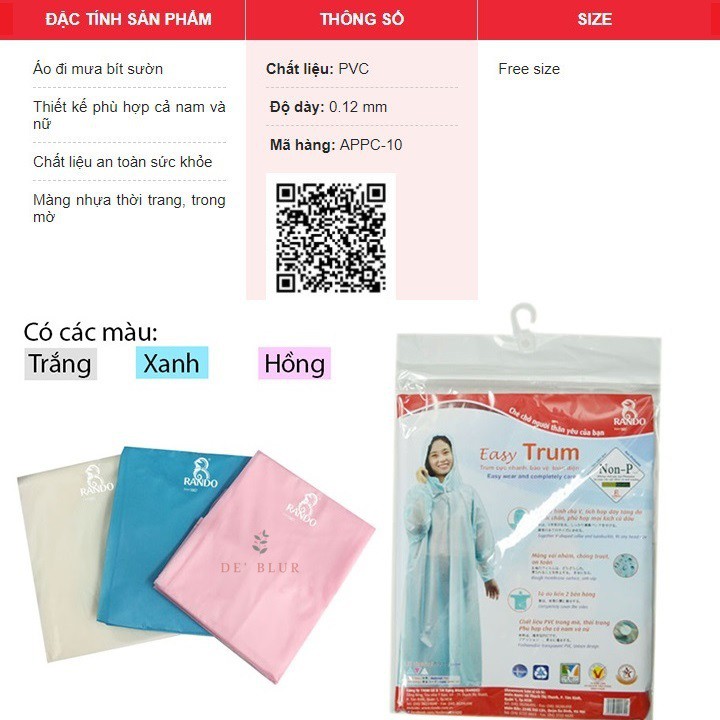 <TIỆN LỢI> Áo mưa trong màu bít sườn Rando Easy Trum “Trùm cực nhanh, bảo vệ toàn diện” APPC-10