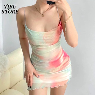 Đầm body hai dây loang màu tibu, váy nữ ôm dáng lưng trần quyến rũ ulzzang