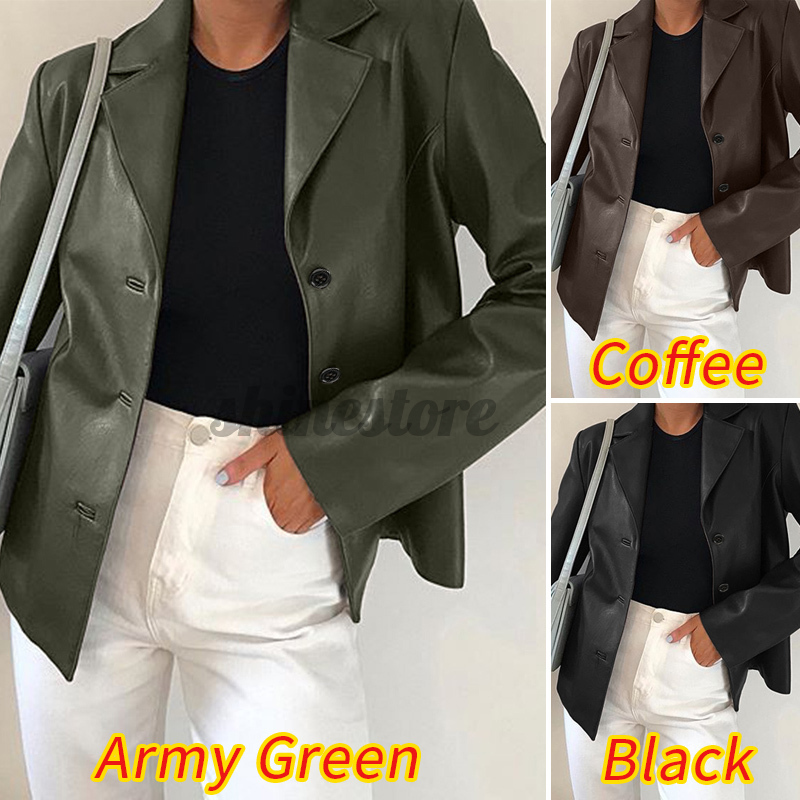 Áo khoác blazer chất da PU hợp thời trang cho nữ