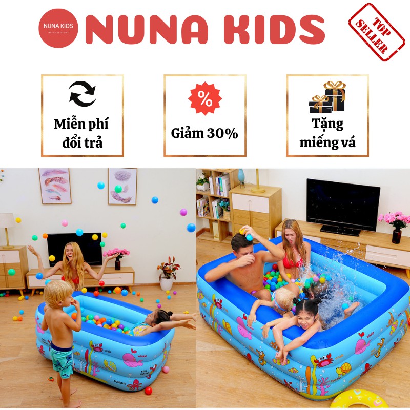 Bể bơi cho bé NUNAKIDS cao cấp đủ kích cỡ đáy chống trượt, bể bơi phao TẶNG 5 bóng, miếng vá, kèm Bơm điện Hồ bơi cho bé
