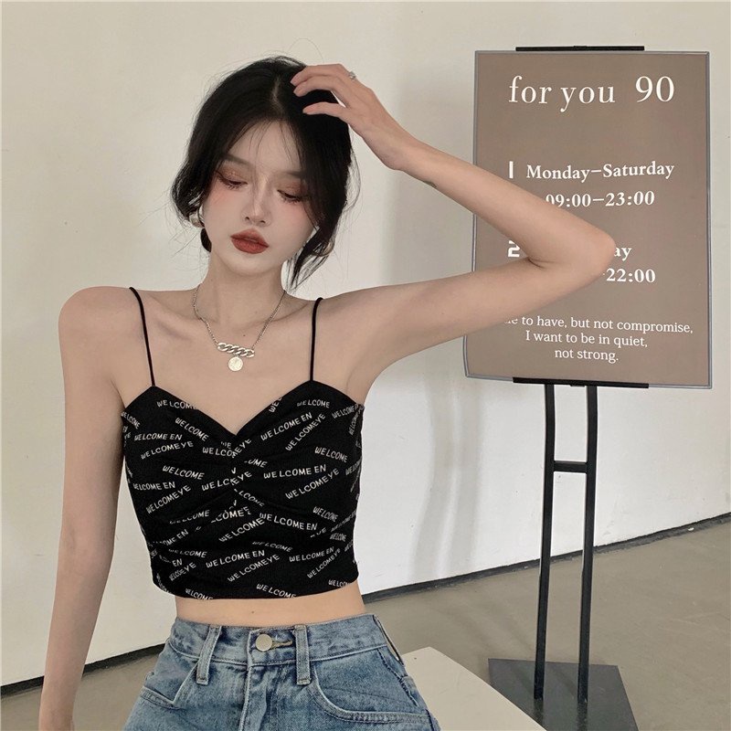 Áo croptop 2 dây nữ in chữ dúm ngực freesize Wikishop đen trắng ghi sexy hở lưng dáng lửng lộ eo C797