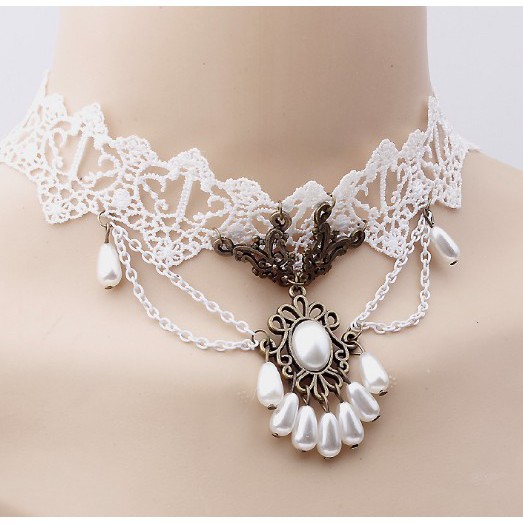 Vòng cổ choker trắng gắn ngọc trai cực đẹp TKM226