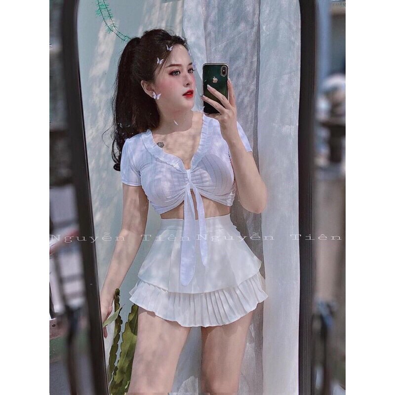 [Ảnh Thật] Áo Croptop Viền Bèo Cột Nơ Ngực, Thun Gân, Quyến Rũ Gợi Cảm - A5011