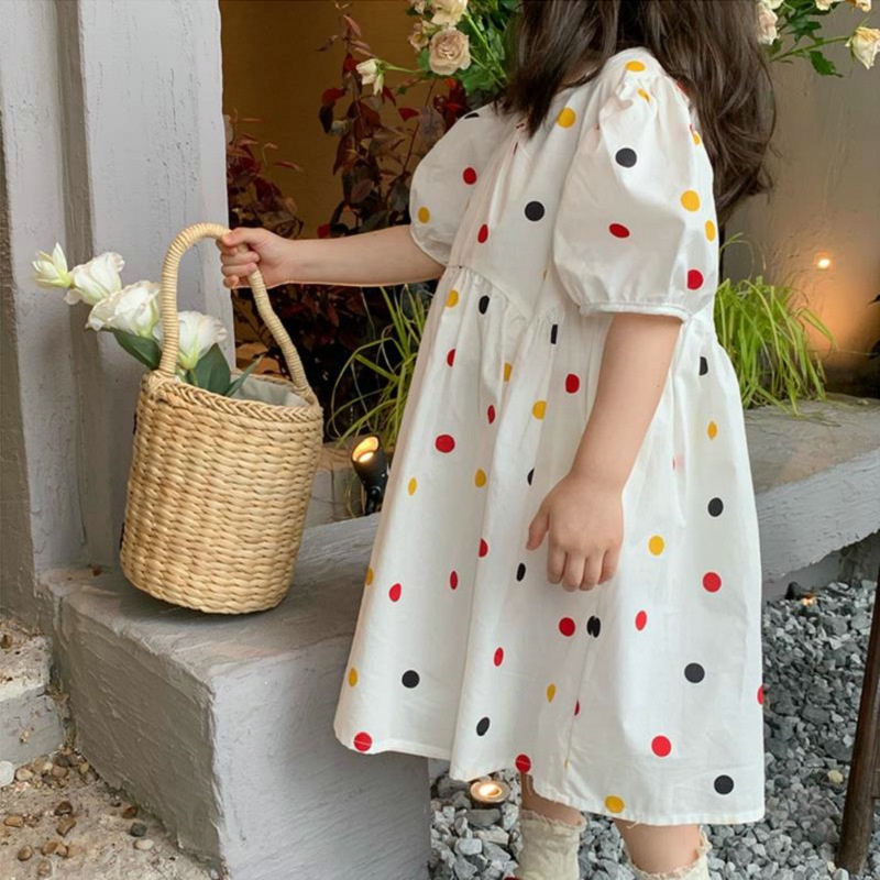 Đầm Công Chúa Tay Ngắn Phồng Cổ Tròn Họa Tiết Chấm Bi Nhiều Màu Kiểu Hàn Quốc Thời Trang Mùa Hè Cho Bé Gái