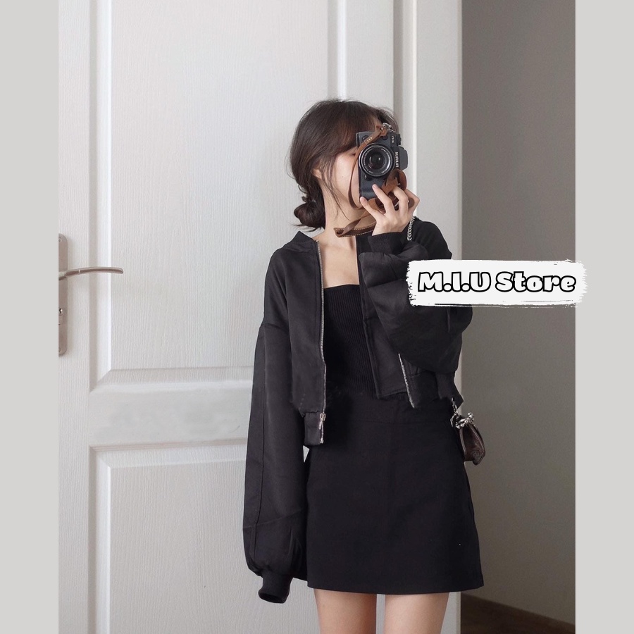 Áo bomber kaki dáng ngắn tay dài áo khoác croptop phong cách thể thao M.I.U Store