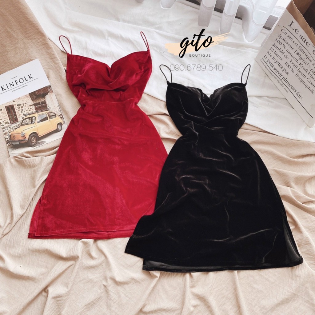 ĐẦM HAI DÂY XẺ ĐÙI HỞ LƯNG- NHUNG SEXY- ĐEN NGẮN/ĐỎ - GD030 | BigBuy360 - bigbuy360.vn