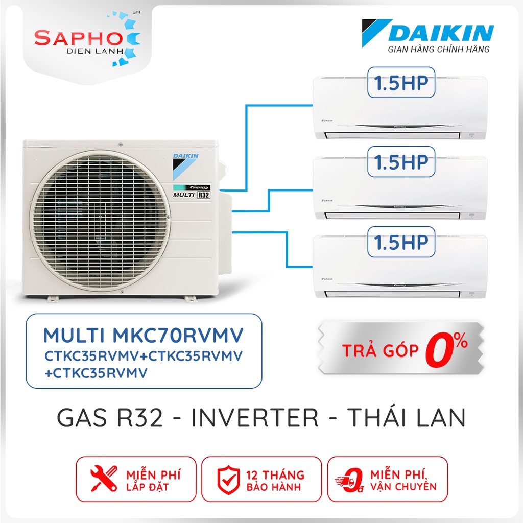 Máy lạnh Daikin Multi S Combo MKC70/1.5HP+1.5HP+1.5HP Inverter Gas R32 Model 2021 Thái Lan Chính Hãng