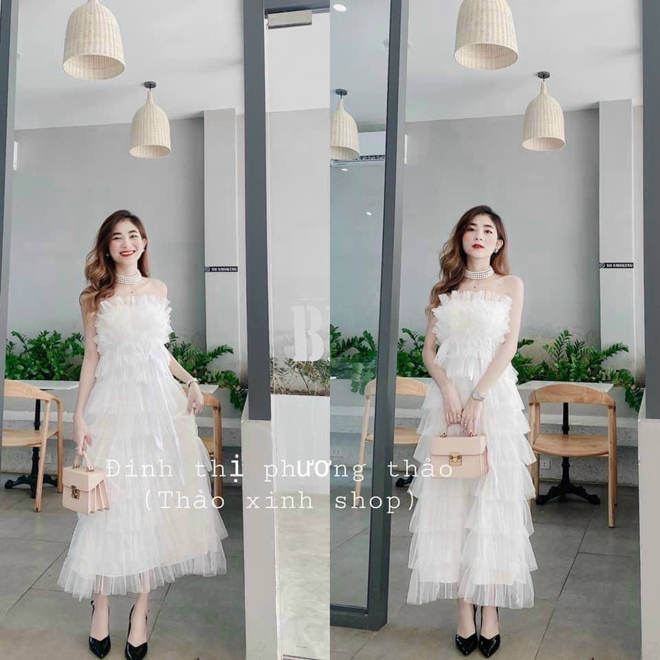 Váy trắng 2 dây đầm nữ dự tiệc freesize chất lưới dạng xếp tầng có mút ngực kimhoa77